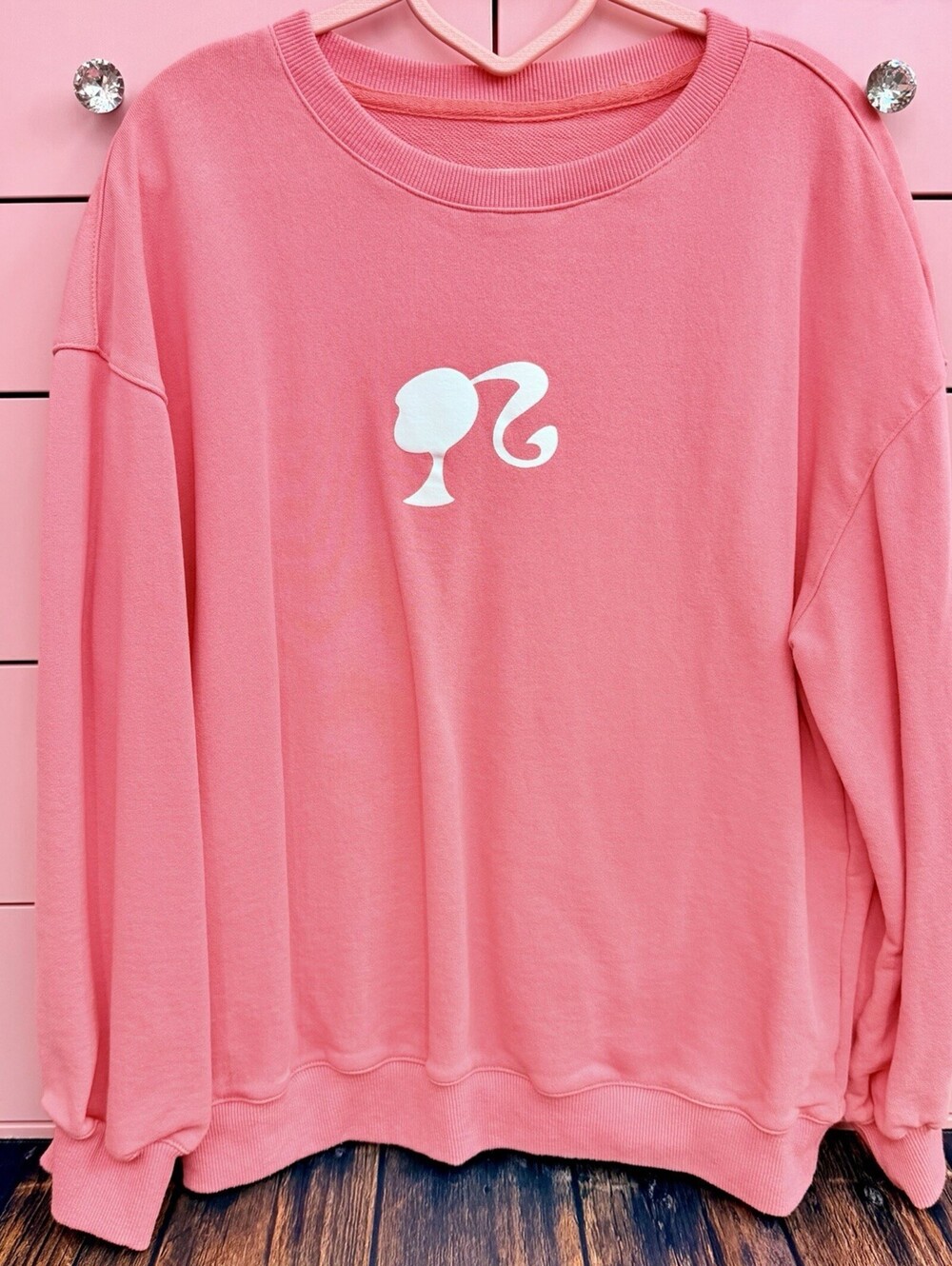 Barbie Pink Cotton Sweatshirt White Silhouette Logo Crewneck Pullover